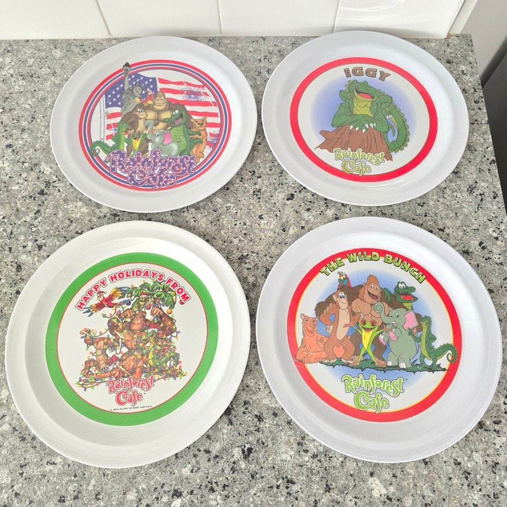 Vtg Y2K Rainforest Cafe Melamine Plates 10" Set of 4 Wild Bunch Iggy Holiday